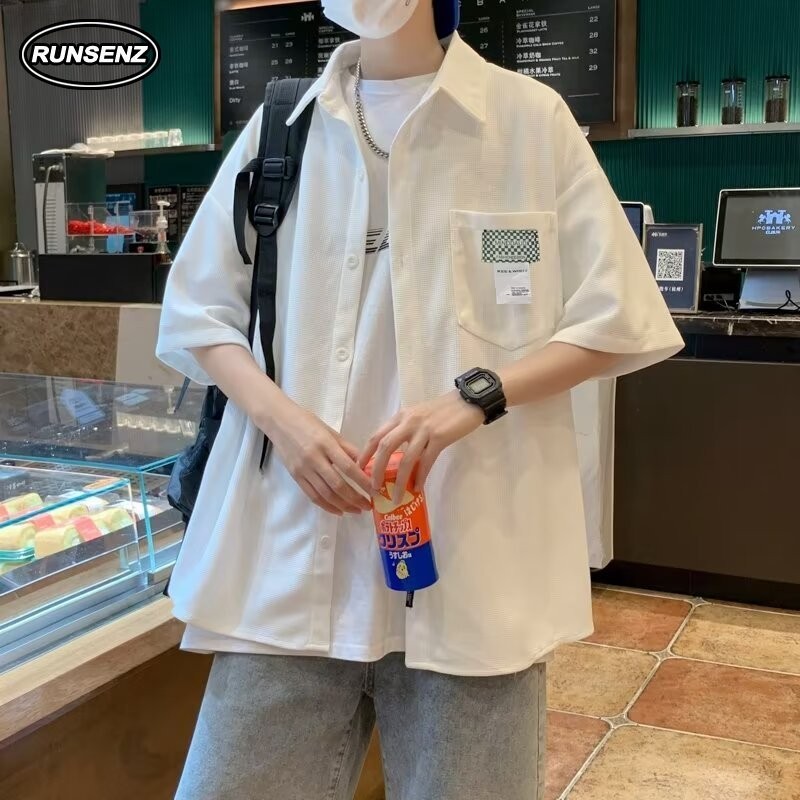 M-8xl เสื้อเชิ้ตวาฟเฟิลสไตล์เกาหลีผู้ชายเสื้อเชิ้ตแขนสั้นขนาดบวกเรียบง่ายหลวมสบายๆด้านบนขนาดใหญ่
