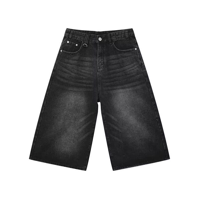 Niche เอวสูงกางเกงขากว้างหลวมล้าง Distressed Blue Denim กางเกงขาสั้นกางเกง