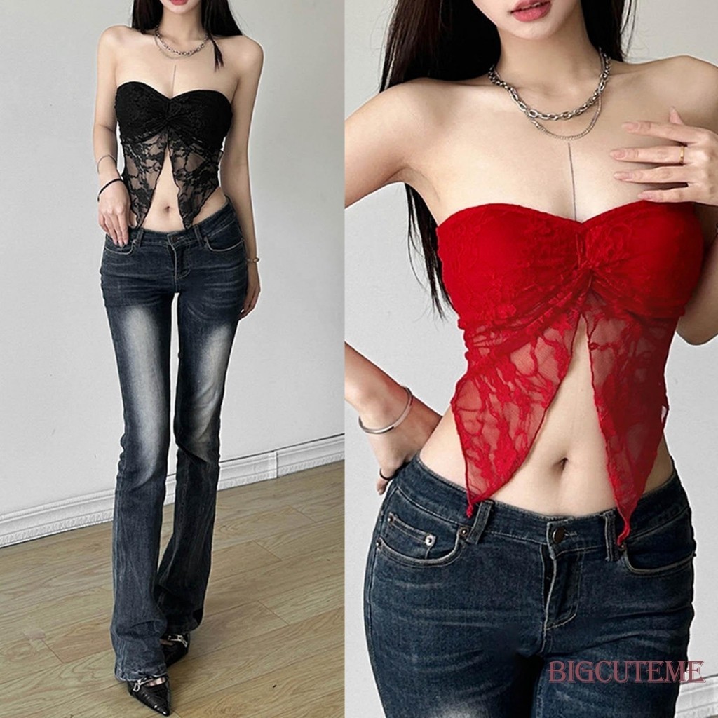 ผู้หญิง Crop Tube Tops ลูกไม้ตาข่ายด้านหน้า Slit Strapless ฤดูร้อน Backless Bandeau Crop Tops