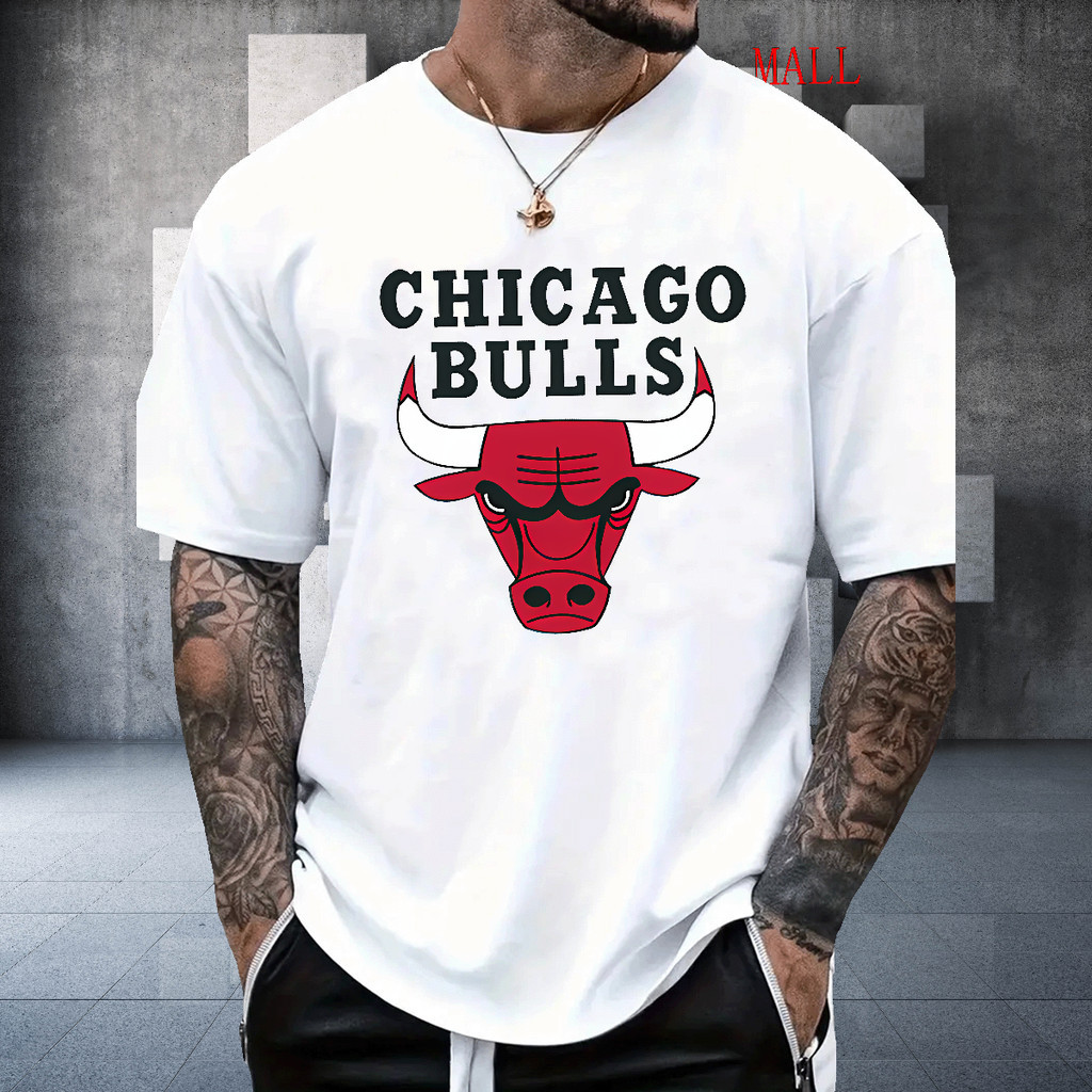 CCYC เสื้อยืด CHICAGOBULLS เสื้อยืดคอวีแขนสั้นสีขาวครีมสำหรับผู้ชาย สไตล์มินิมอล น่ารัก สีดำล้วน ปลา