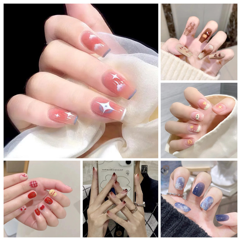 24 ชิ้น เล็บแฟชั่น เล็บปลอม ชนิดอะคริลิค สไตล์ฝรั่งเศส สีขาว ชมพู