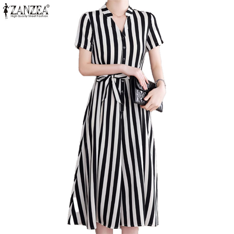 ZANZEA ซานเซีย ชุดเดรสสตรีลําลองคอวีทรงหลวมแขนสั้นลายทางเกาหลี