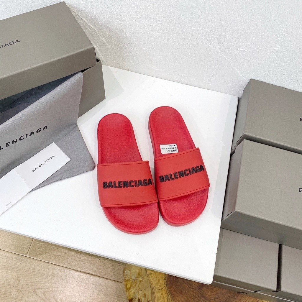 Balenciaga Flip Flop คู่สีแดงรุ่น 2024S PU โฟม Outsole Dermis ซับในมีให้เลือกหลายสีรองเท้าแตะแฟชั่น 