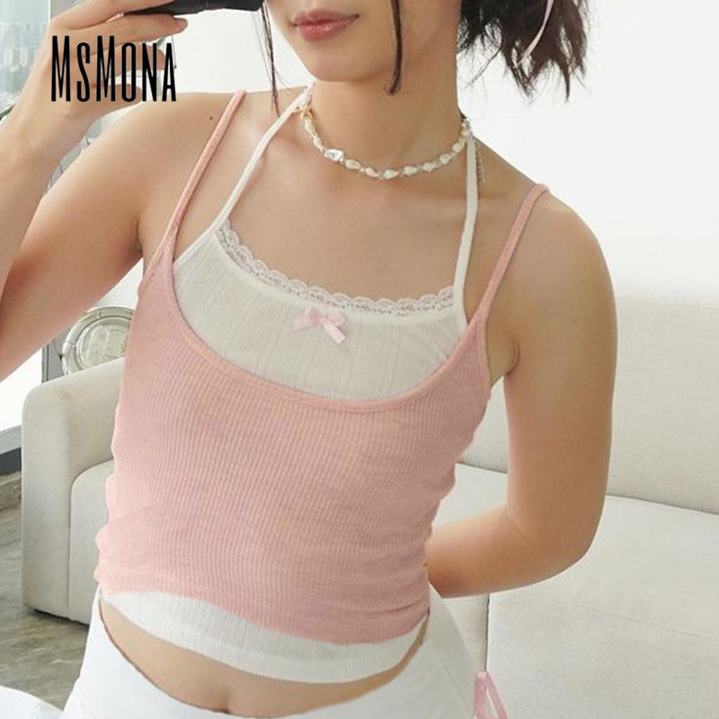 MsMona ผู้หญิงเสื้อกล้ามสีทึบ Halter Bowknot ลูกไม้แขนกุดแฟชั่นทุกวัน Casual Slim Fit กลางแจ้ง Stree