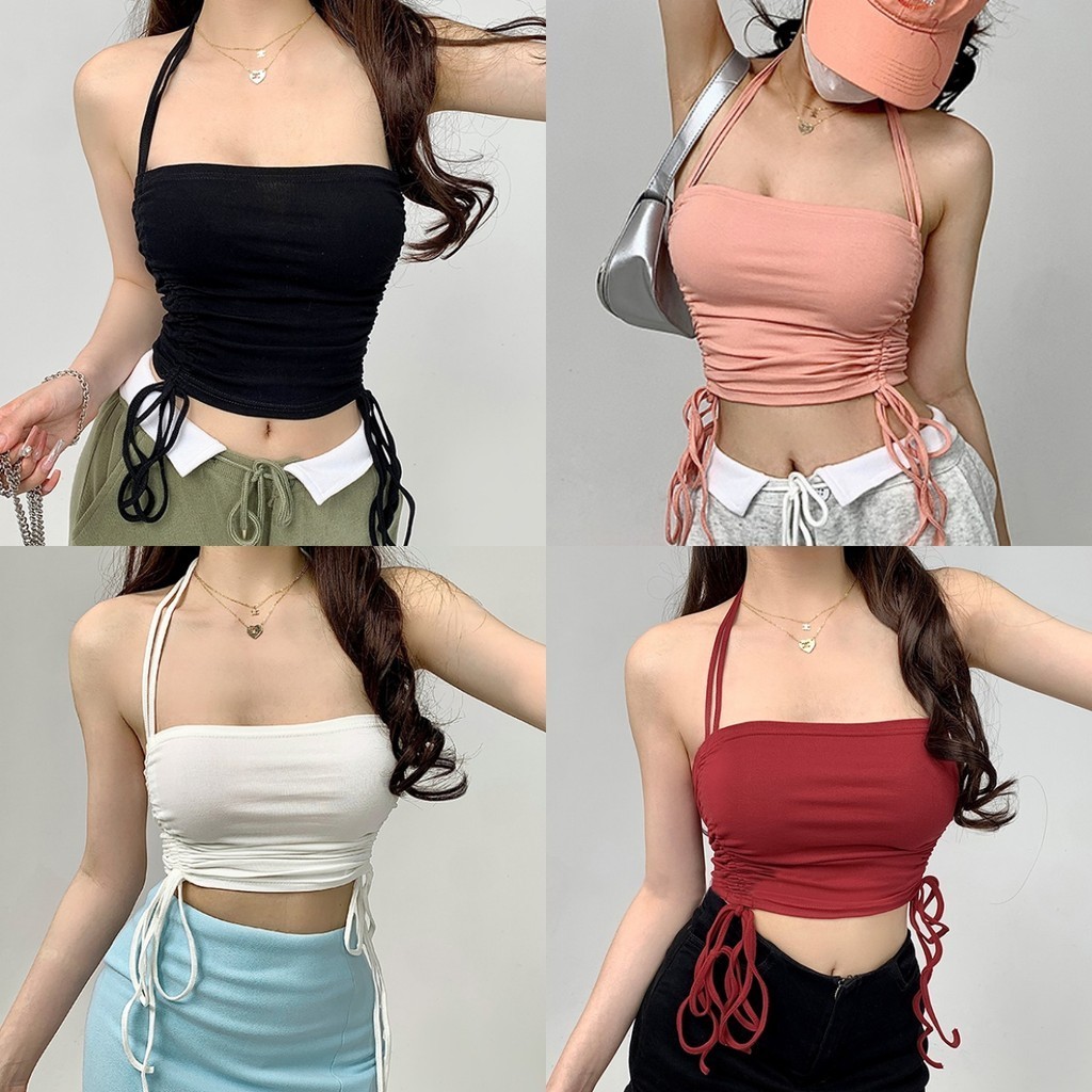 Evelyn เสื้อสายเดี่ยวคล้องคอ มีฟองน้ำ y2k เซ็กซี่ เชือกรูด เสื้อกล้ามผู้หญิง สีพื้น ผ้านุ่ม ใส่สบาย#9A109/FY2064