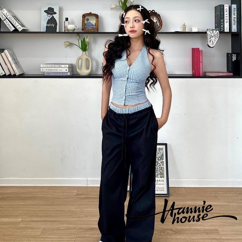 Hanie House- ผู้หญิงลายสก๊อต V คอ Tie-Up Halter คอเสื้อหรือลายสก๊อตพิมพ์ Patchwork หลวมกางเกงเอวยางยืด