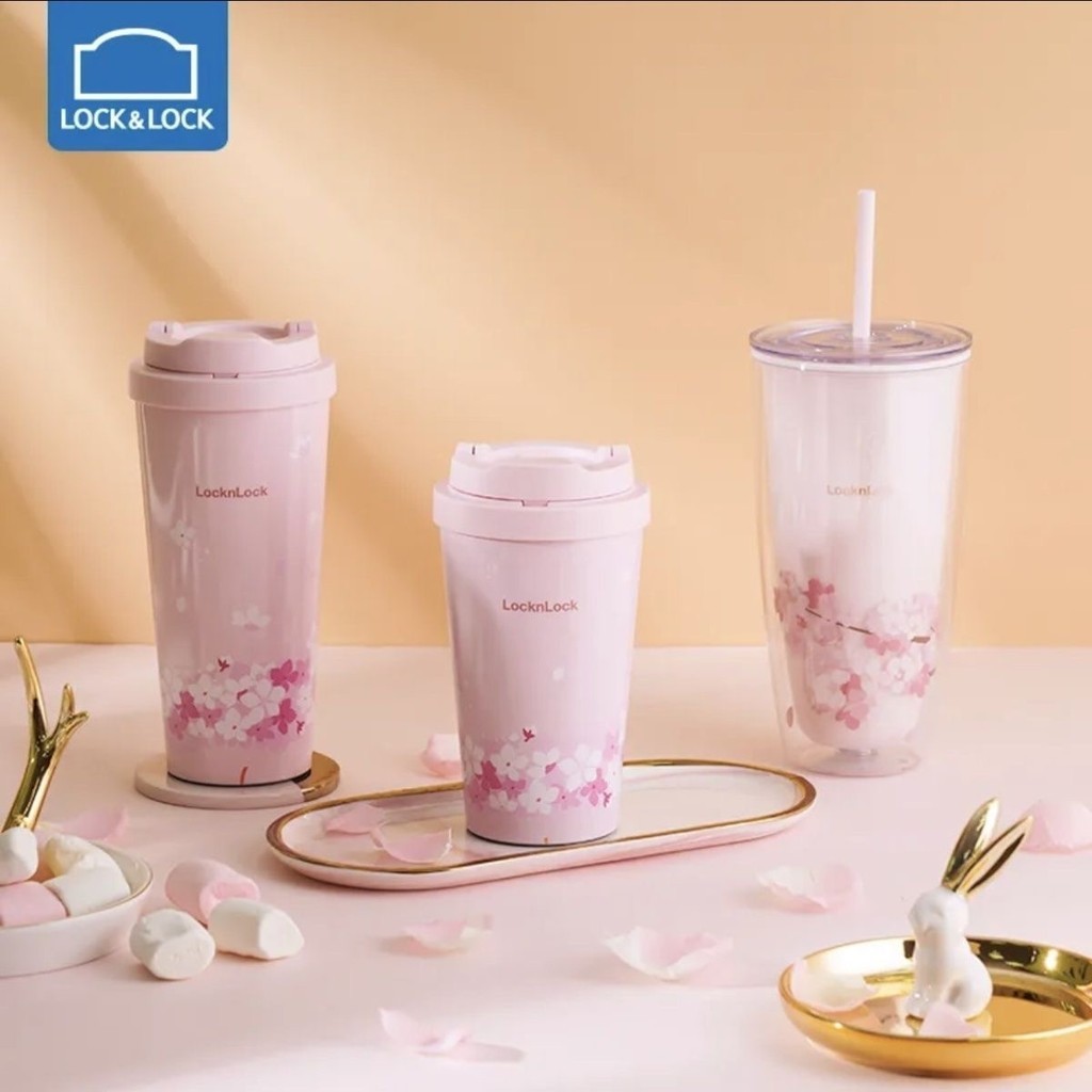 [คลังสินค้าพร้อม] Lock & LOCK Peach Blossom Thermos Cup 316 Stainless Steel Girl Heart Coffee Cup Cherry Blossom Straw Cup One-Click Bounce Thermos Cup