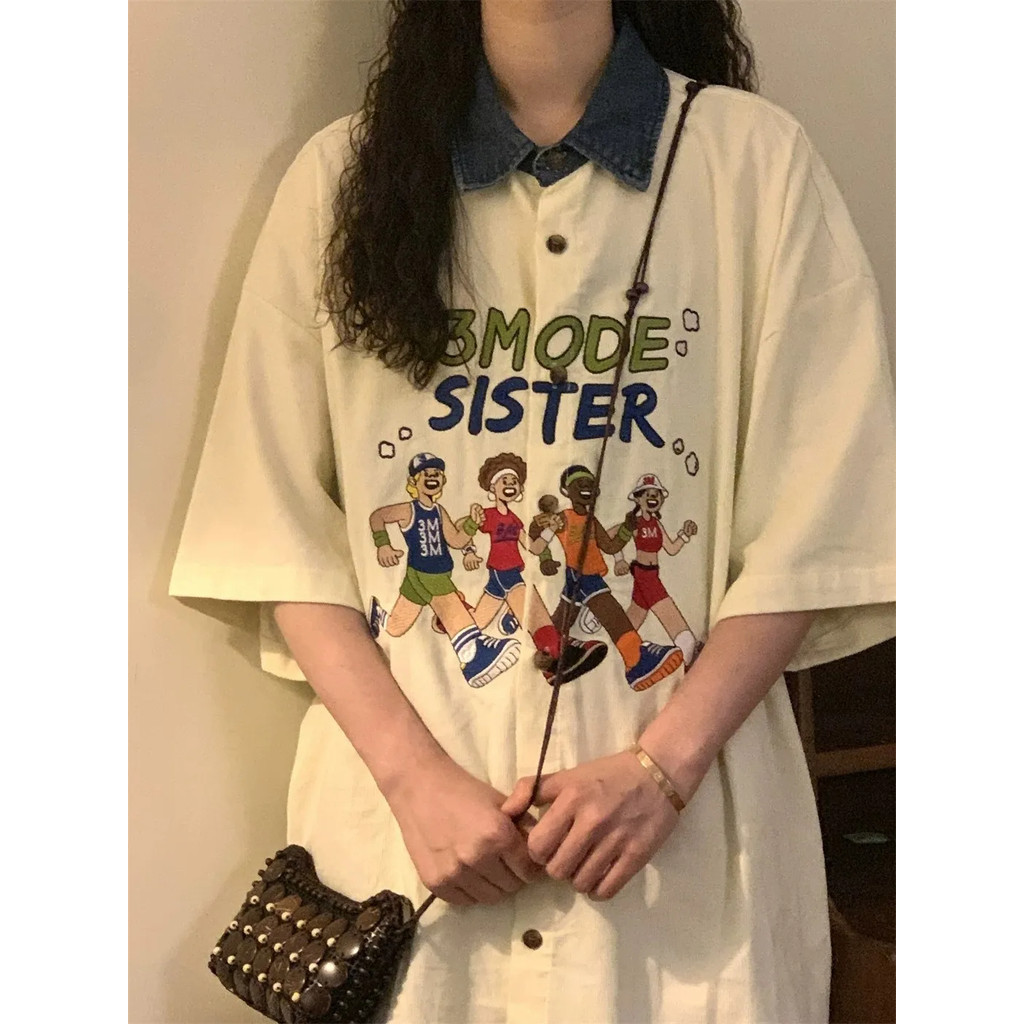 ฤดูร้อนอเมริกันย้อนยุคปักเย็บปะติดปะต่อกันแขนสั้นเสื้อผู้ชายและผู้หญิงหลวมแนวโน้มด้านบน