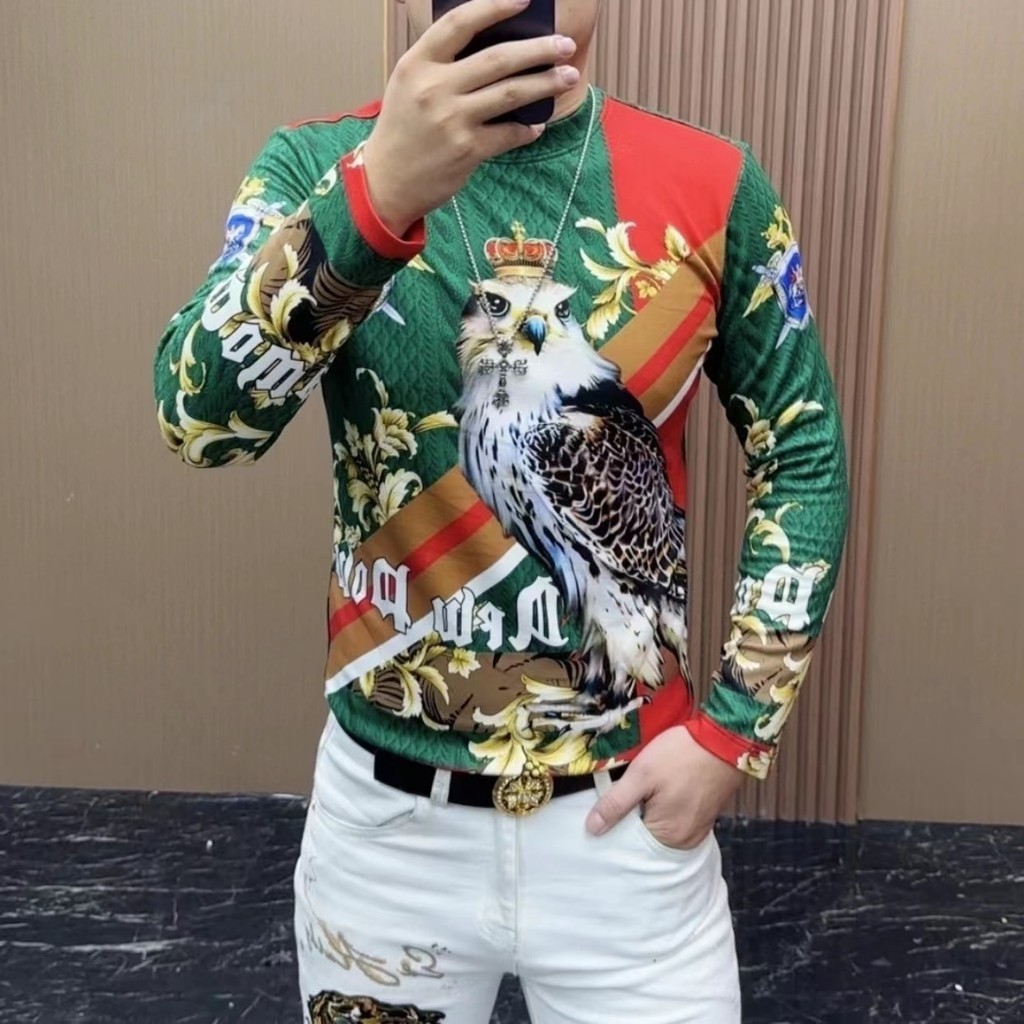 สไตล์ยุโรปอินเทรนด์2024ฤดูใบไม้ร่วงฤดูหนาวผู้ชายแสงหรูหราแขนยาวเสื้อยืดแฟชั่นนกฮูกพิมพ์รอบคอเสื้อยืด