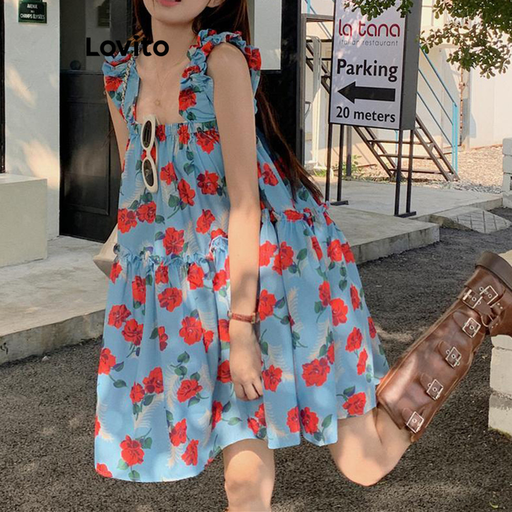 Lovito เดรสผู้หญิง ลายดอกไม้ สไตล์น่ารัก LNA64432