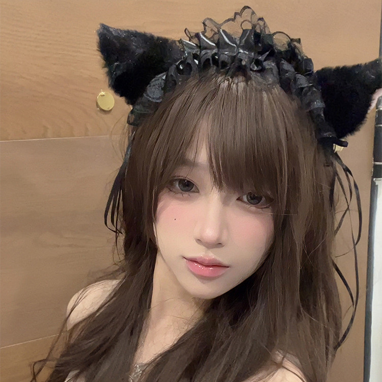 น่ารักแฟชั่นแมวหู ชม. หูฟัง สําหรับผู้หญิงสาวลูกไม้สีดําทองระฆังจี้โลลิต้าอุปกรณ์ผม