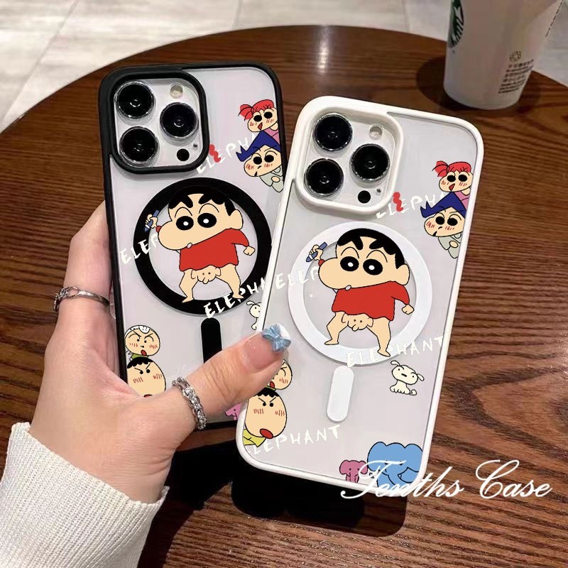 ใช้งานร่วมกับสําหรับ iPhone 16 15 11 14 13 12 Pro Max X XR Xs Max ช้างการ์ตูน Crayon คุณภาพสูงโปร่งใส Protector แม่เหล็กชาร์จไร้สายเคสโทรศัพท์ปกอ่อน