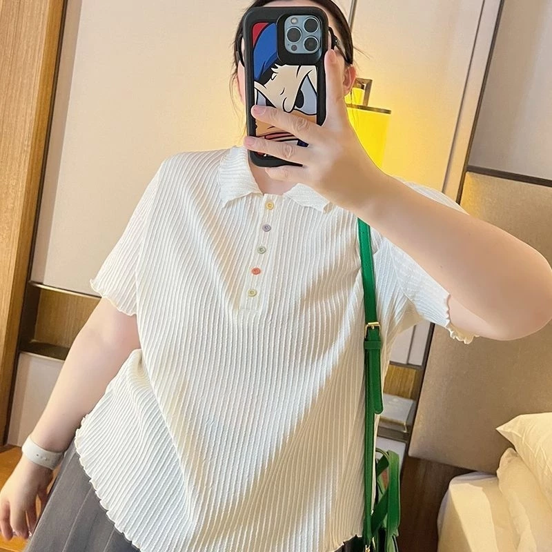 ขนาดบวกผ้าไหมน้ำแข็งแขนสั้นเสื้อยืดสำหรับผู้หญิงในช่วงฤดูร้อนใหม่หลวมท้องครอบคลุมแฟชั่นท็อปส์