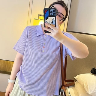 ขนาดบวกผ้าไหมน้ำแข็งแขนสั้นเสื้อยืดสำหรับผู้หญิงในช่วงฤดูร้อนใหม่หลวมท้องครอบคลุมแฟชั่นท็อปส์