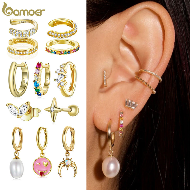 Bamoer 1PCS 925 เงินสเตอร์ลิง Gold-Plated ต่างหูประณีตคลิปหูสําหรับผู้หญิงที่มีสีสัน Zircon แนวโน้มเครื่องประดับแฟชั่น