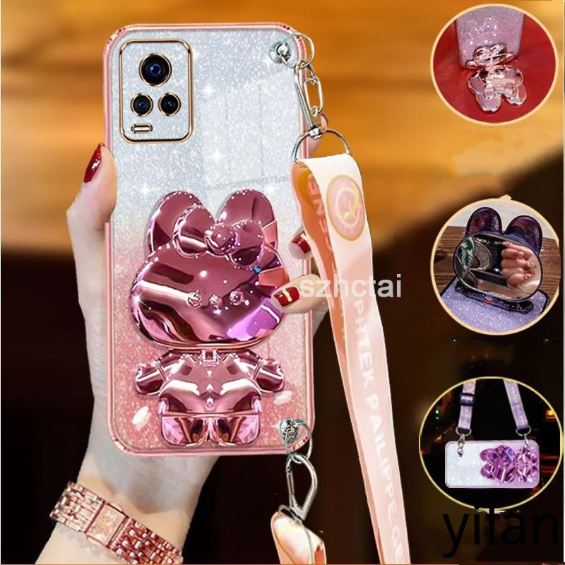 เคส vivo v20 PRO v20se v23 Pro v23 v21 v21e 5Gสายยาวสายคล้องข้อมือสไตล์กับกระต่ายเครื่องสําอางกระจกยึดยึดเคสโทรศัพท์ ทีพียู นิ่ม เคสโทรศัพท์ vivo v20 PRO v20se v23 Pro v23 v21 v21e 5G