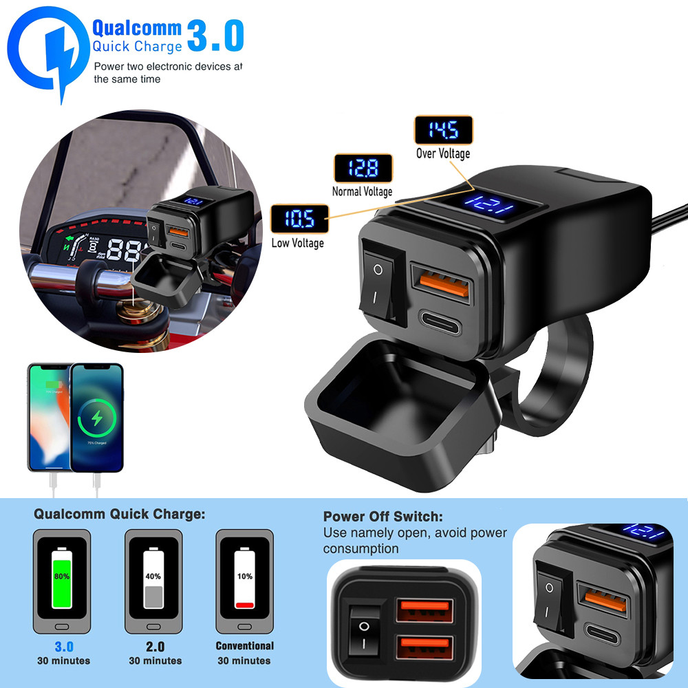 Pd QC3.0 รถจักรยานยนต์ USB Fast Cellular Charger กันน้ํา Type C พอร์ต Socket Connector พร้อมโทรศัพท์มือถือโวลต์มิเตอร์ Digital Charge