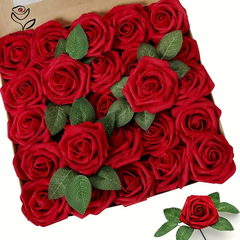 25/30pcs Rose Artificial Flowers Foam Fake Flower Wedding Bridal Decoration Valentines Gift Simulati