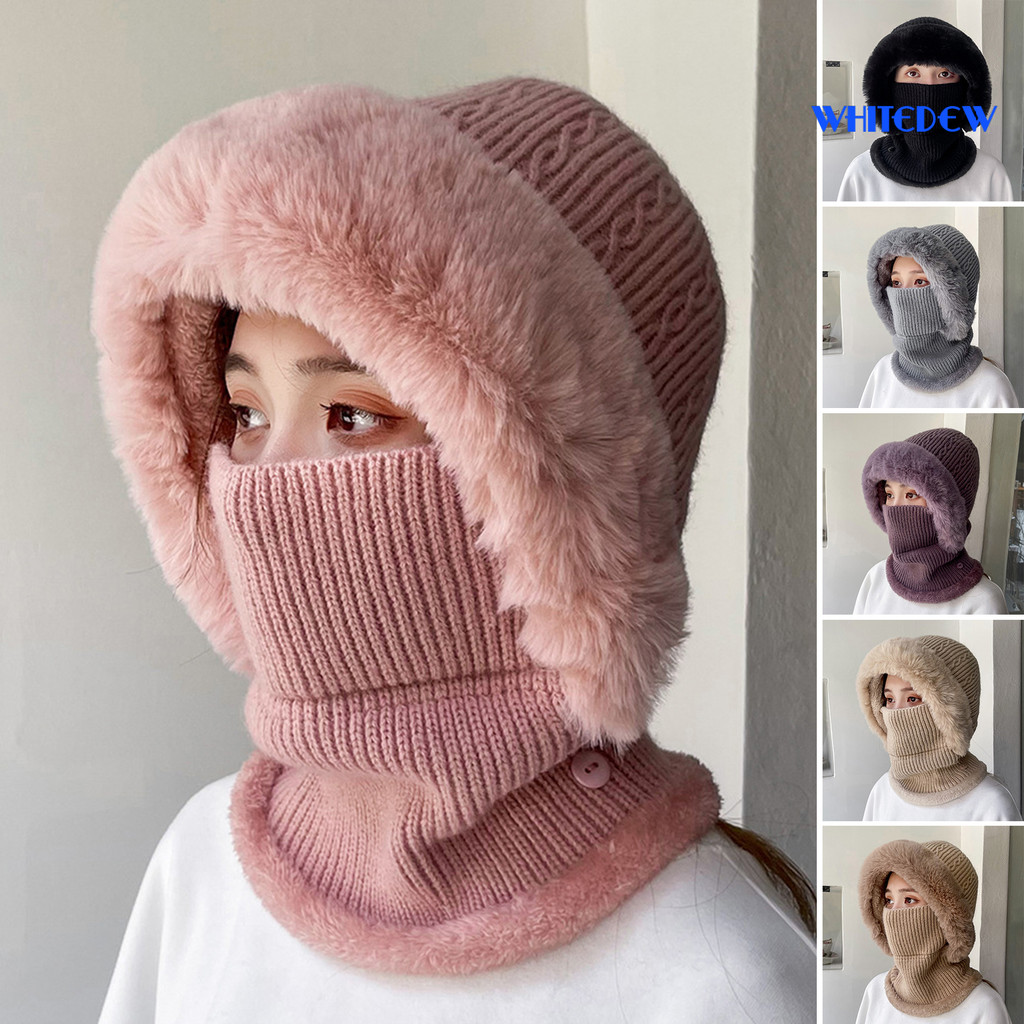 WHT-หมวกถักอเนกประสงค์Fuzzy Plushหูป้องกันสีที่บริสุทธิ์ฤดูใบไม้ร่วงฤดูหนาวผู้หญิงหน้าปกคอGiterอุ่นห