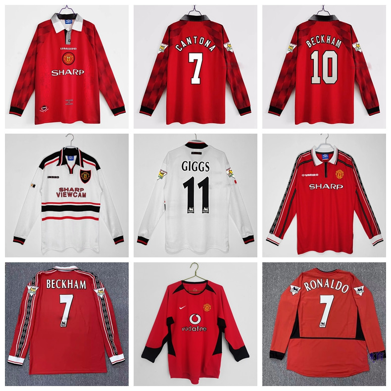 1996-97 98-99 02-03-04 ฤดูกาลแมนเชสเตอร์ ยูไนเต็ด Retro แขนยาว Home Away Jersey ฟุตบอล Cantoa Beckham Gigs Cristiano Ronaldo เสื้อ