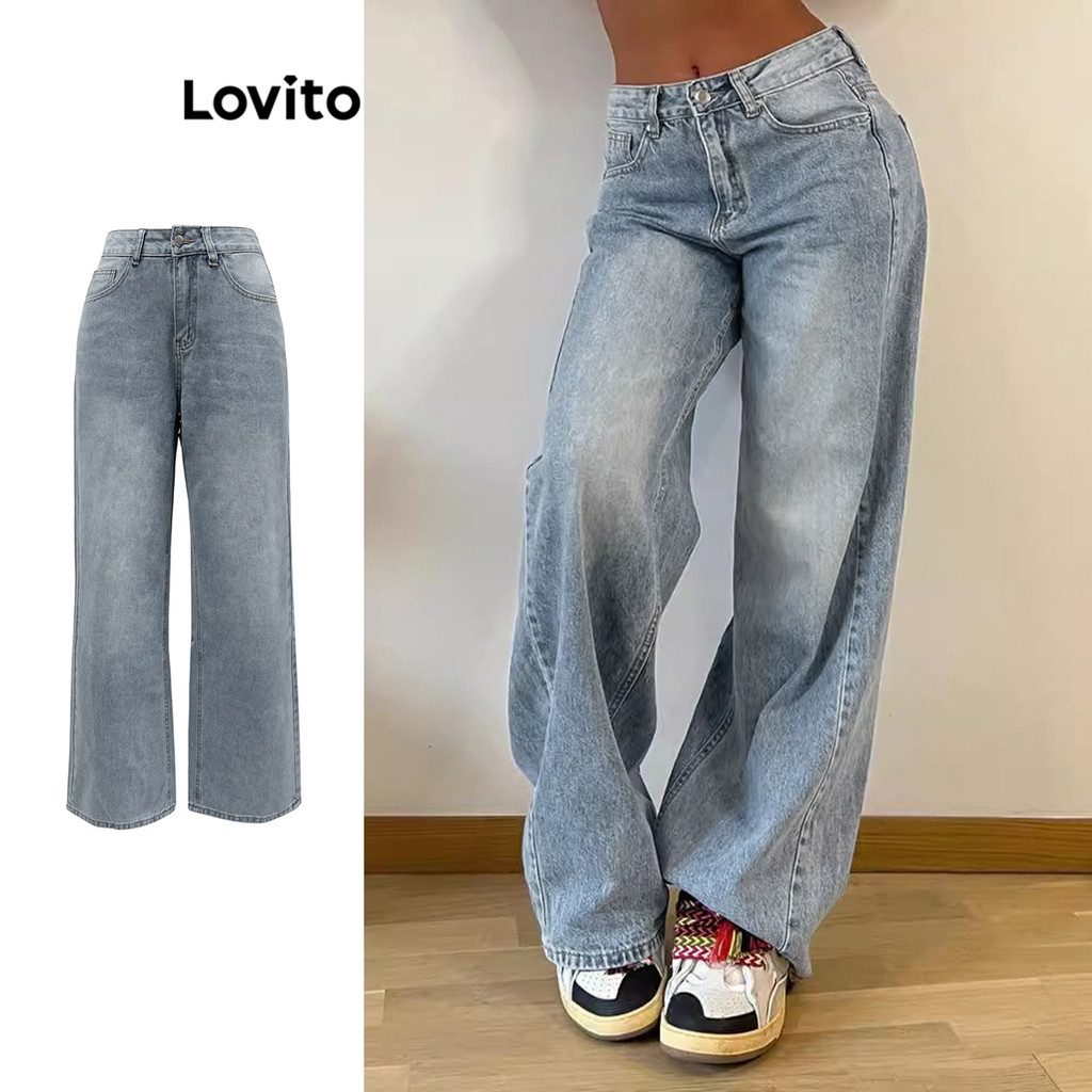 Lovito กางเกงยีนส์ผู้หญิง ฟอกสี มีกระเป๋า สีพื้น สไตล์ลำลอง LNL67100