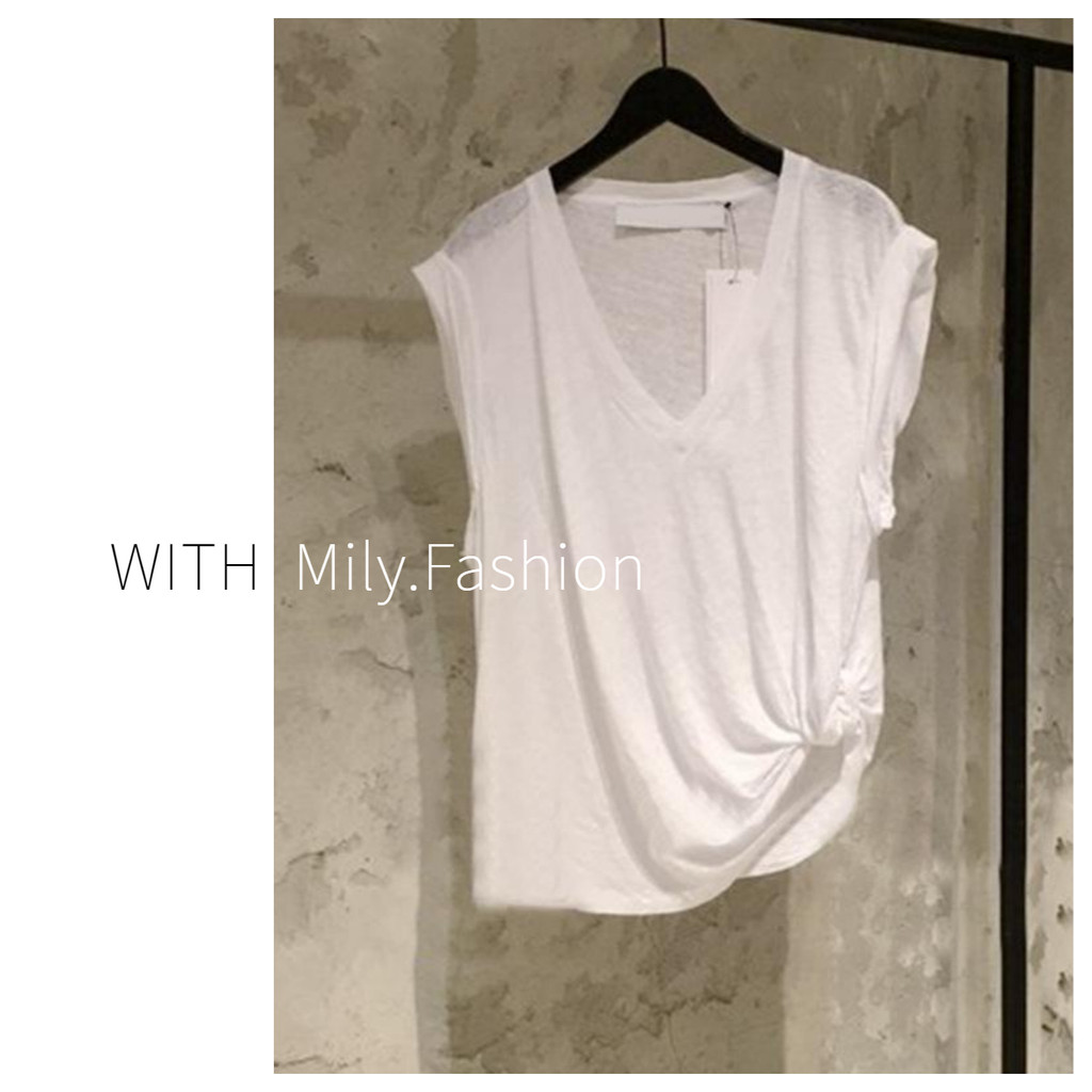 เสื้อยืดแขนกุด คอวี ทรงหลวม ขนาดใหญ่ สีขาว แฟชั่นฤดูร้อน แบบใหม่