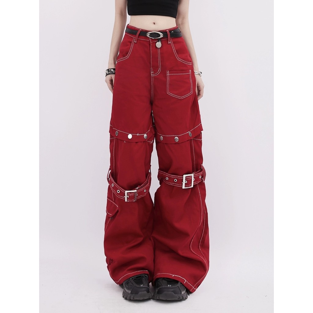 Retro Trendy Women's Jeans Lace-up Red Design Sense Wide Leg Loose Slimming Mopping American Pants Stitching Heavy Industry