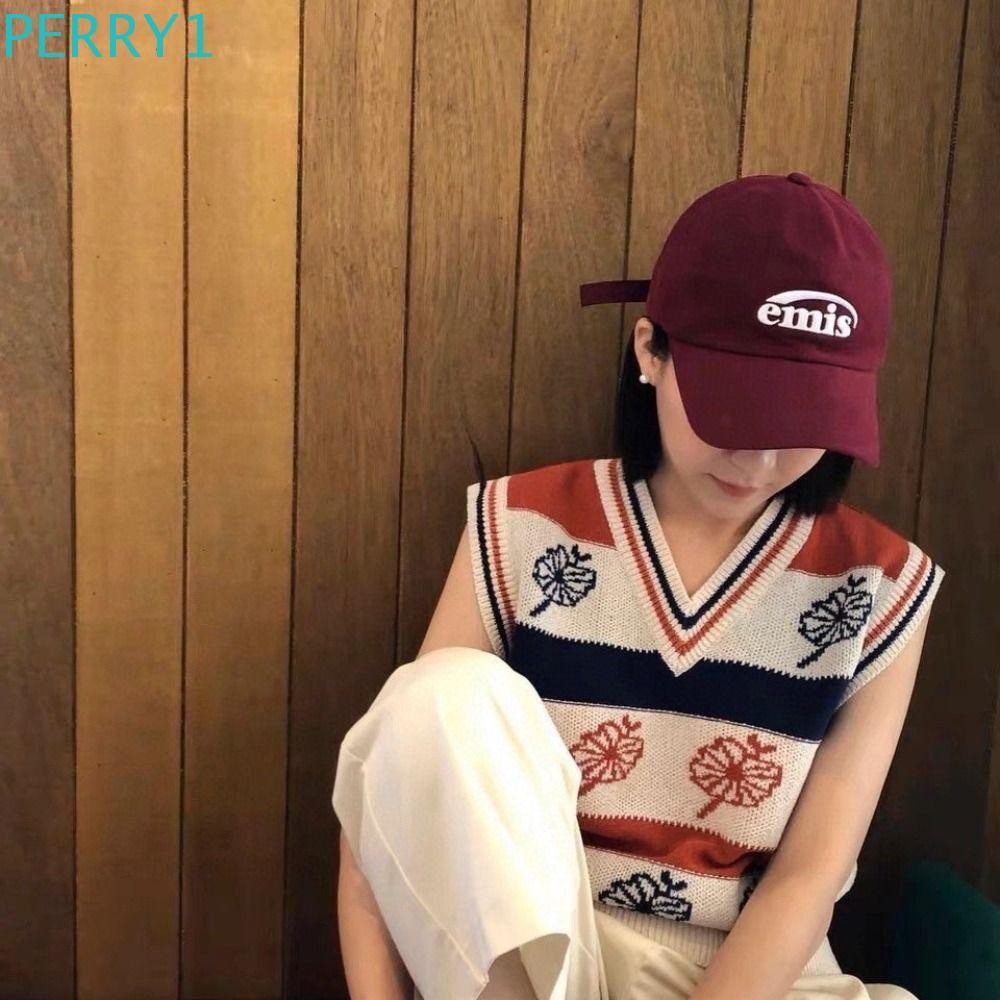 Perry emis หมวกเบสบอล, หมวกกันแดดผ้าฝ้ายปักตัวอักษร, หมวกเบสบอลกันแดดอเนกประสงค์ หมวกกันแดด หมวกทรงแหลม กลางแจ้ง