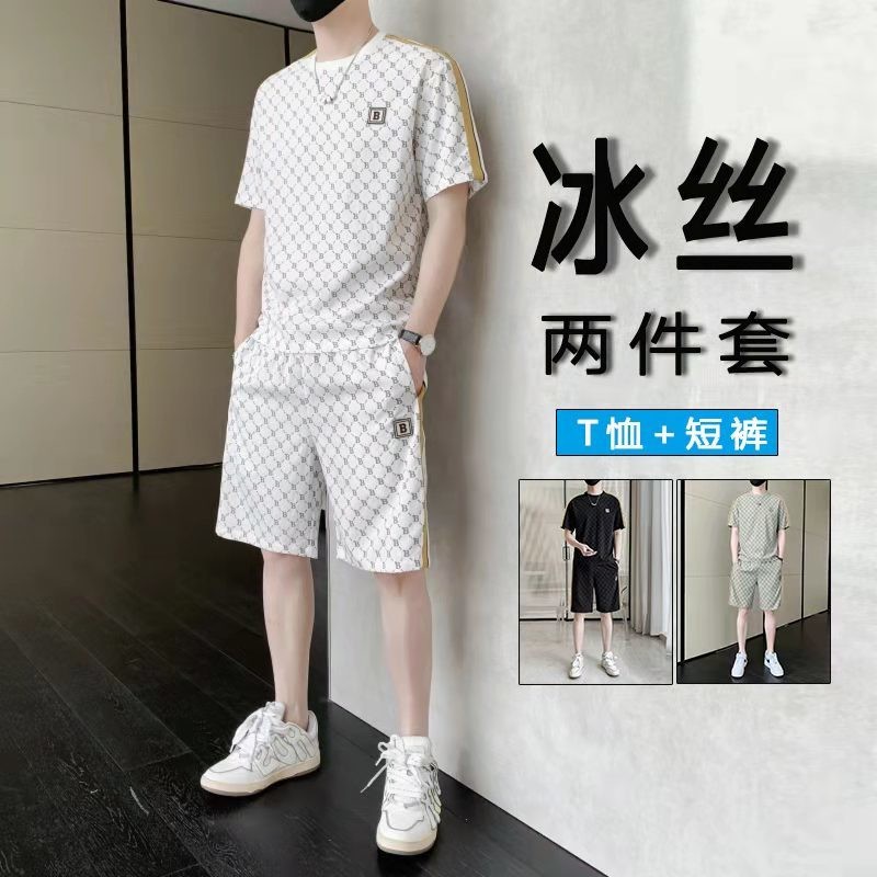 เสื้อยืดผ้าไอซ์ซิลซ์แห้งเร็วพิมพ์ลายชุดกางเกงขาสั้นผู้ชาย
