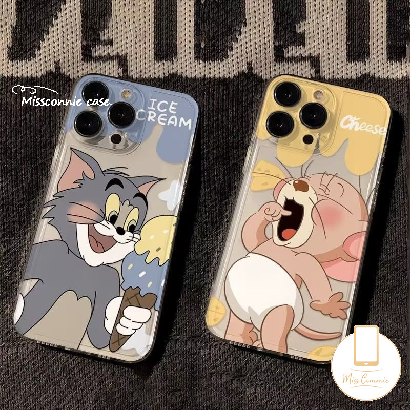 โปร่งใสการ์ตูนน่ารักไอศกรีมแมวและเมาส์เคสโทรศัพท์สําหรับiphone 11 13 15 12 14 Pro Max 7Plus XR 14 7 8 15 Plus X XS Max SE 2020 Love Heart Marry Cat Soft Cover