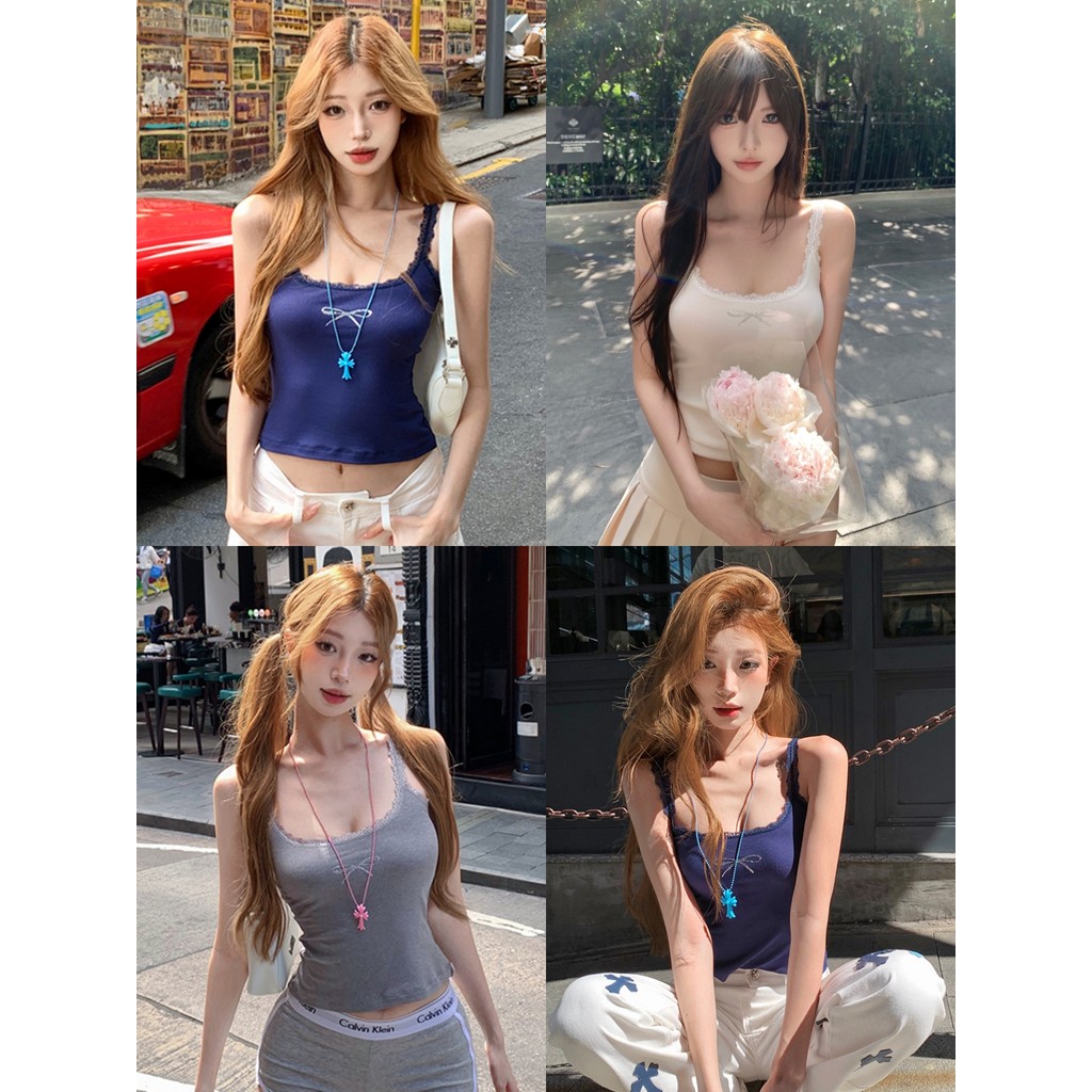 Soroh เสื้อสายเดี่ยว มีฟองน้ำ ติดเพชรลายโบว์ แต่งลูกไม้ ผ้ายืด เสื้อครอป สไตล์เกาหลี น่ารัก แฟชั่นฤดูร้อน #FY2093