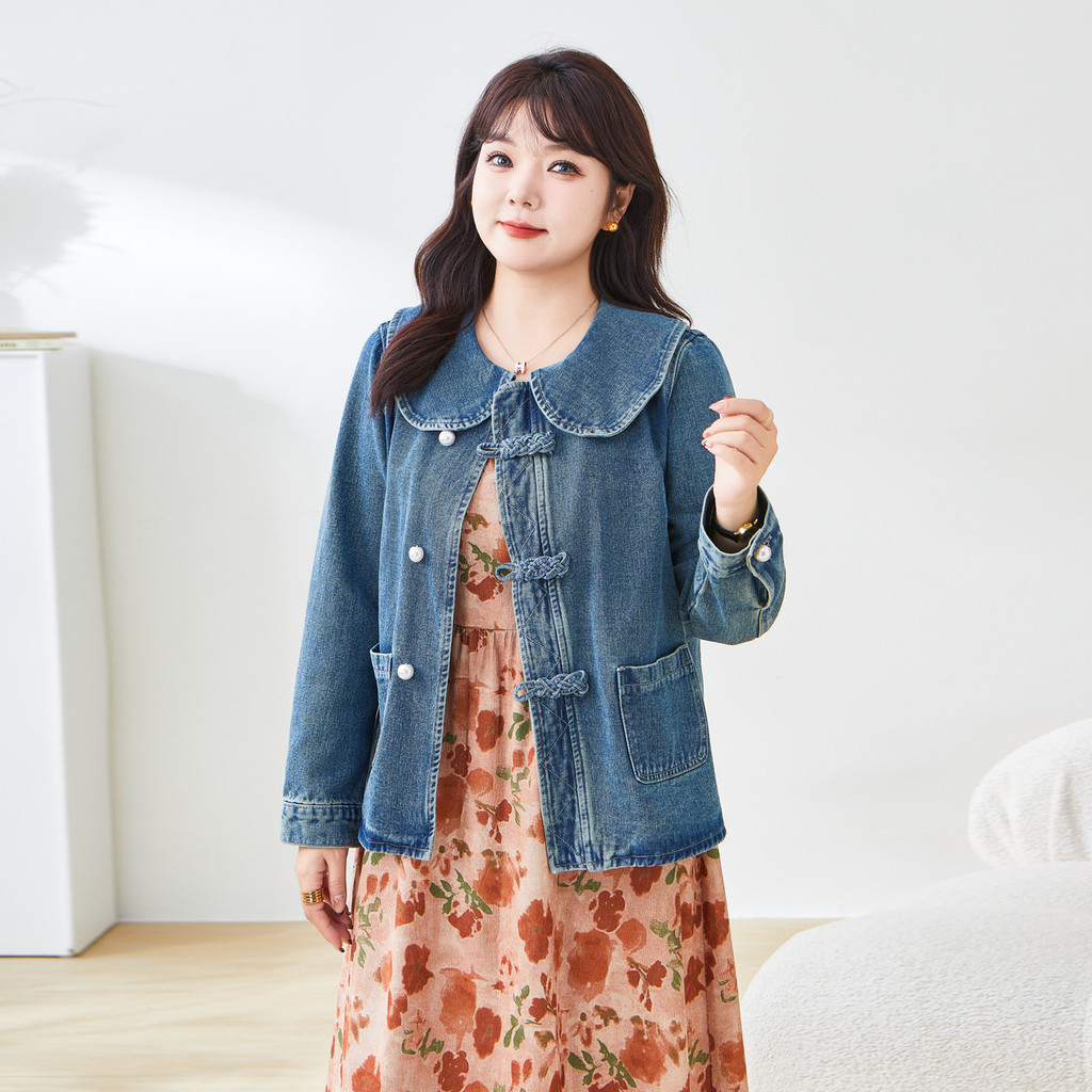 Caiduobao Plus ขนาดเสื้อผ้าผู้หญิงไขมัน mm2024 ฤดูใบไม้ร่วงใหม่สไตล์จีน Texture All-Match Denim แจ็คเก็ต DDW2063