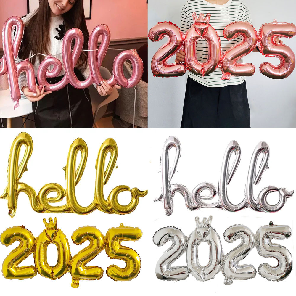 Rose Gold Silver 2025 Crown บอลลูนดิจิตอลปีใหม่ Eve Party Decor Hello 2025 Conjoined ฟอยล์จํานวนบอลลูนสําหรับคริสต์มาสวันเกิดตกแต่ง