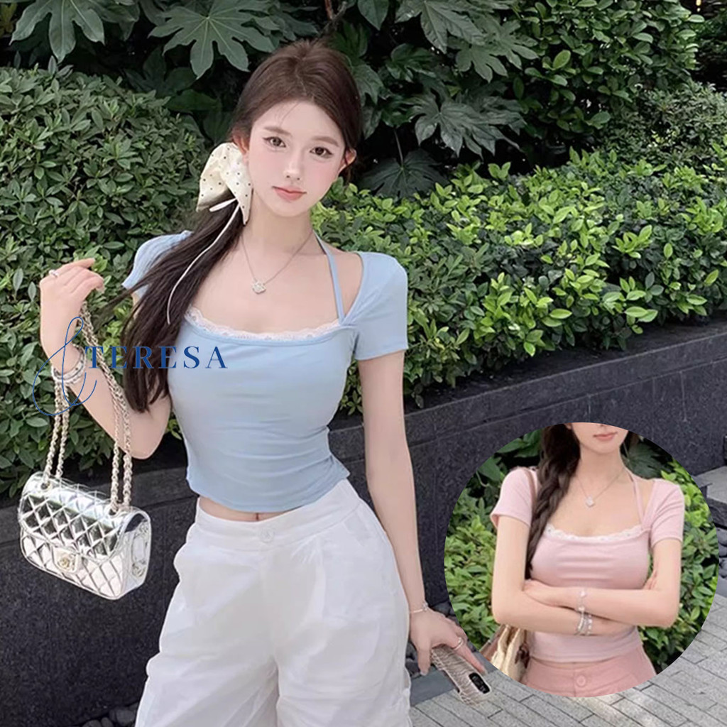 เสื้อยืดผู้หญิงดีไซน์โบว์ที่เอว และลูกไม้