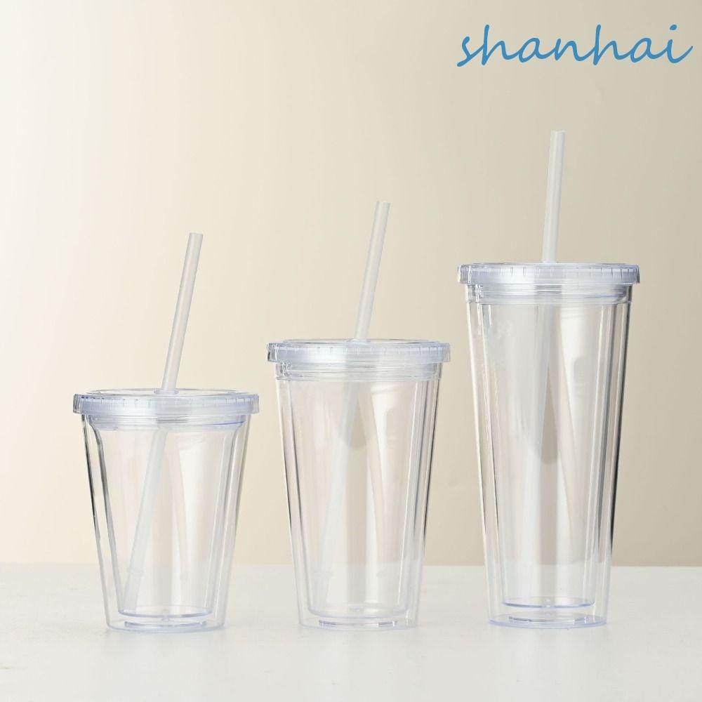 Shanhai แก้วน้ําใส, ขวดน้ํา 350/450/650 มล., ถ้วยสมูทตี้พลาสติกสองชั้นพร้อมฝาปิดและฟางถ้วยกาแฟเย็นนม