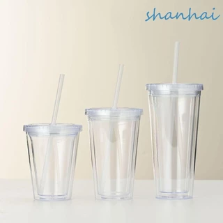 Shanhai แก้วน้ําใส, ขวดน้ํา 350/450/650 มล., ถ้วยสมูทตี้พลาสติกสองชั้นพร้อมฝาปิดและฟางถ้วยกาแฟเย็นนม