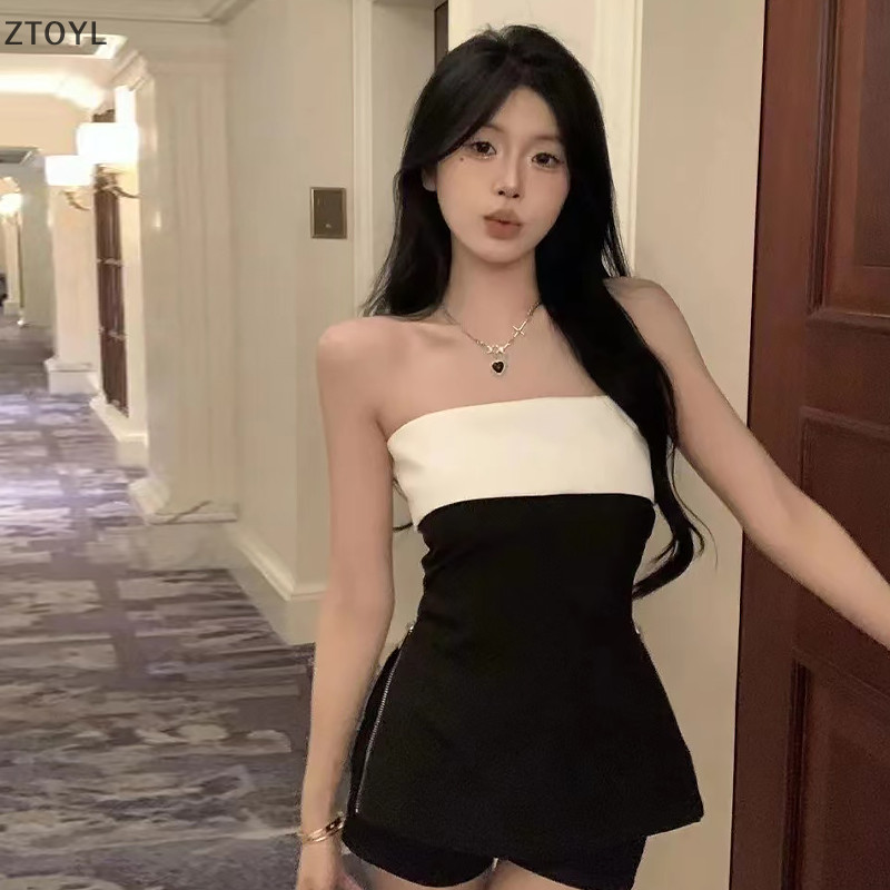 Ztoyl ผู้หญิง Leisure Streetwear ฤดูร้อน Patchwork Strapless Zipper Tops กางเกงขาสั้นสีดํา Zxh