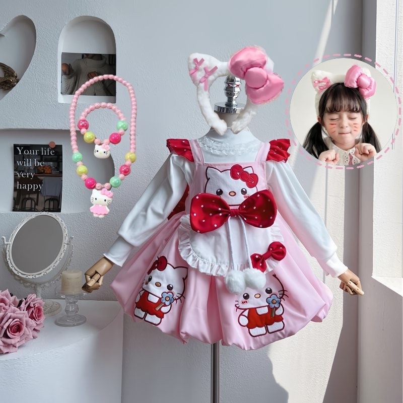 สาวญี่ปุ่น Hello Kitty โบว์แมวเจ้าหญิงกระโปรงดอกไม้สีชมพูหวานกระโปรงกระโป