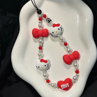 Kawaii Sanrio Mobile จี้ Hello Kitty Anti-lost Lanyard Key ข้อมือสั้นเชือกเครื่องประดับสีแดงพวงกุญแจอะนิเมะผู้หญิงมือถือโซ่