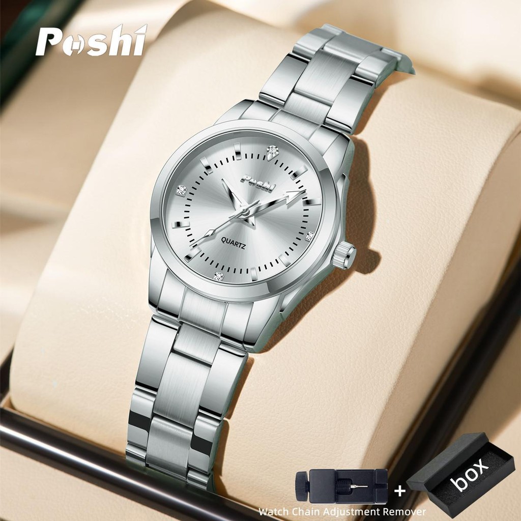 [พร้อมกล่อง]นาฬิกา POSHI สําหรับผู้หญิงนาฬิกาผู้หญิงกันน้ําสแตนเลสเงินส่องสว่างแฟชั่นหรูหรานาฬิกาข้อ