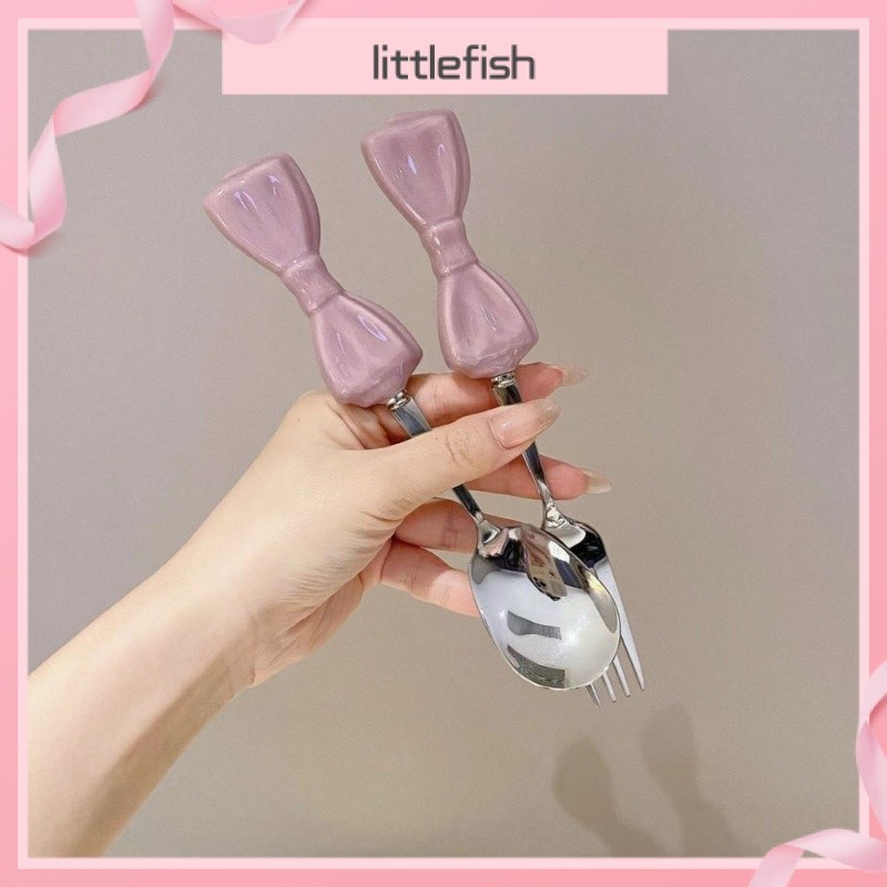 [Littlefish] ชุดช้อนส้อมโบว์หัวใจสาวสไตล์ มูลค่าสูง304ส้อมขนมผลไม้สแตนเลส