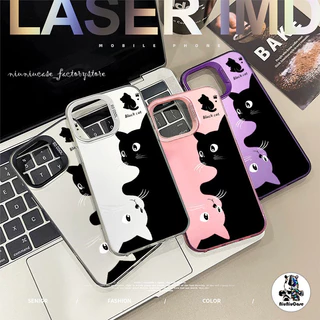 เคสไอโฟน11 สีดำหรูหราซิลิโคนแข็งกรณีโทรศัพท์ แมวสีดำแมวสีขาว For IPhone 13 12 7Plus 14 15 11 Pro MAX 8 7 6 Plus X XR XS