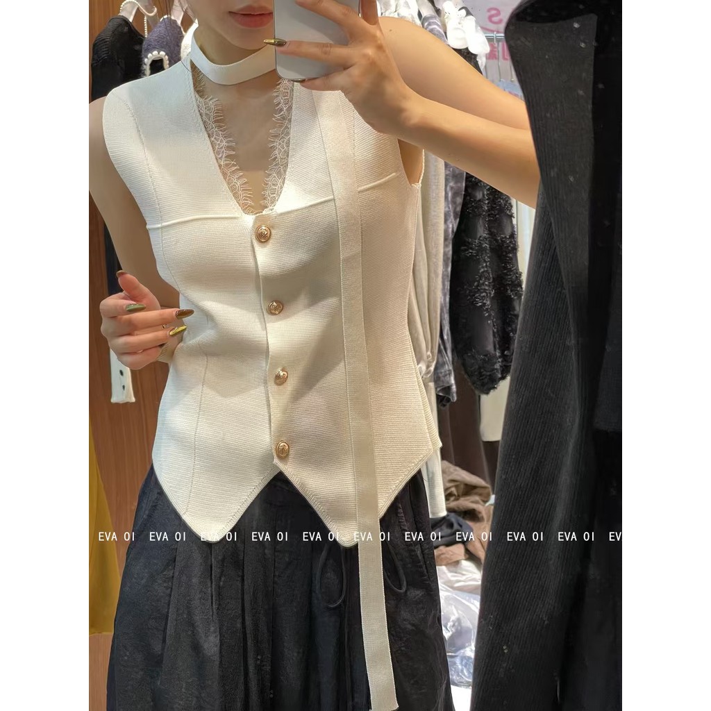 Xiaoma111 OIeva Original Design Sense ฤดูร้อน High-End Minimalist ลูกไม้ Trim ถักเสื้อกั๊ก V คอ Slimmer ดูแคบ-เอวผู้หญิงถัก ZFE0