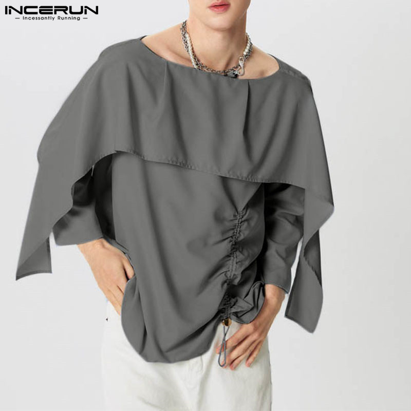 Incerun เสื้อเชิ้ตแขนยาวจีบคอชิ้นเดียวลําลองสําหรับบุรุษวินเทจ