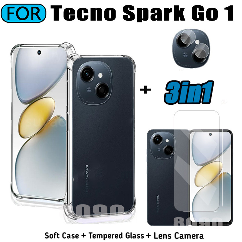 3in1 Tecno Spark Go 1 เคสโทรศัพท์แบบนุ่มโปร่งใส Spark Go 2025 2024 กระจกนิรภัย + ฟิล์มเลนส์กล้องด้าน