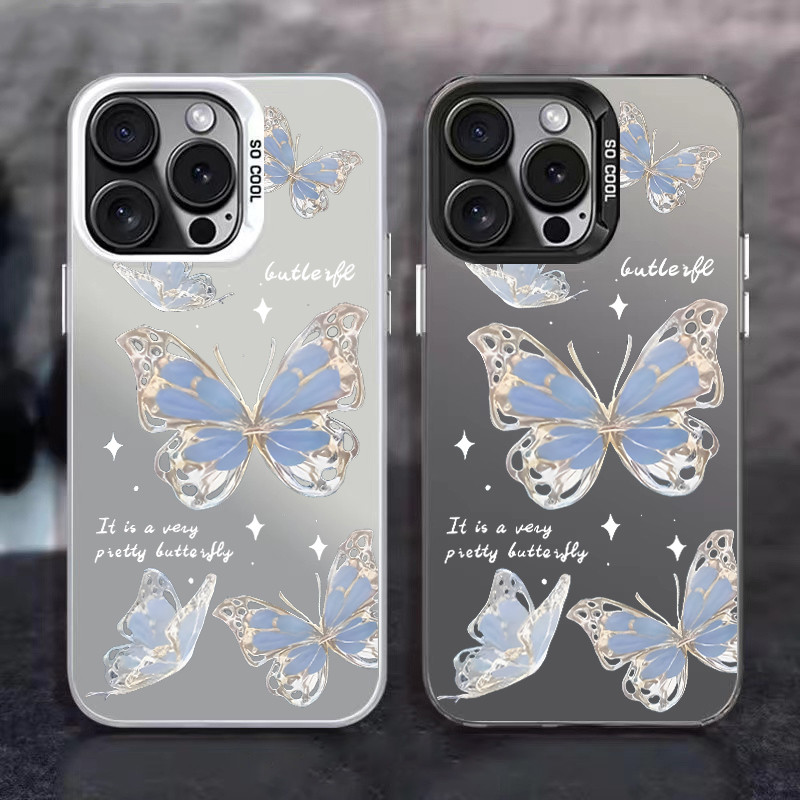 POPPA คสโทรศัพท์อะนิเมะการ์ตูนน่ารัก สีเงินด้าน เคส Apple For iPhone12 13 14 15Pro MAX X XS XR XS 7 8Plus ผีเสื้อการ์ตูน