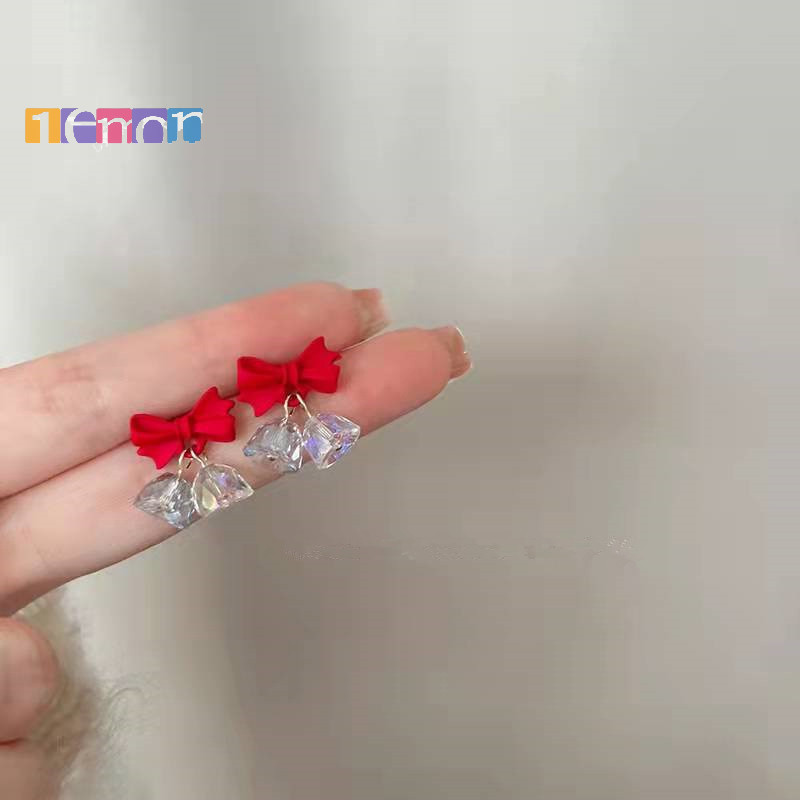 [Lemon] ต่างหูคริสตัลโบว์ปีใหม่คริสต์มาสสีแดงฤดูใบไม้ร่วงฤดูหนาวต่างหูสตั๊ดระดับไฮเอนด์เครื่องประดับคริสต์มาสของขวัญใหม่