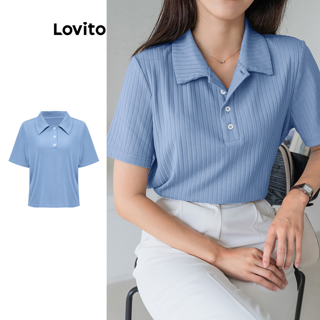 Lovito เสื้อยืดผ้าถักซี่โครงธรรมดาหรูหราสำหรับผู้หญิง L105MD044