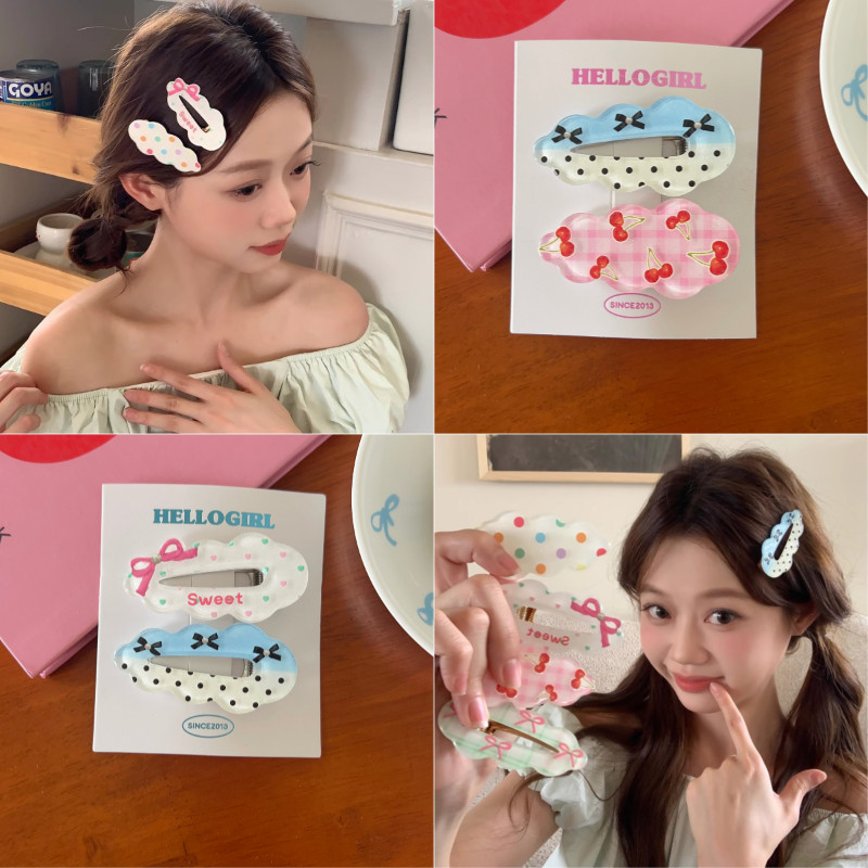 โบว์ลายจุดน่ารัก กิ๊บติดผมเมฆหยัก หน้าม้าหน้าผากของผู้หญิง เครื่องประดับผมที่เข้ากันทั้งหมด