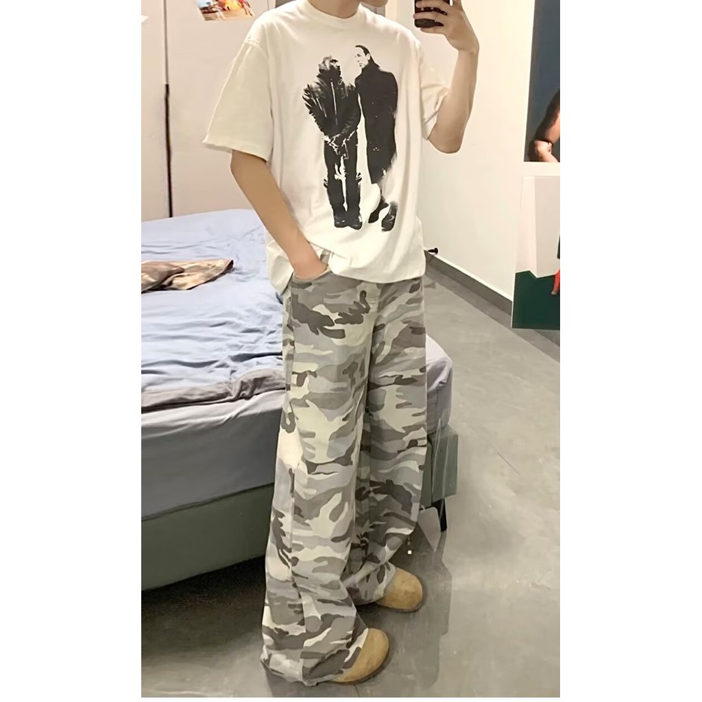 Camouflage Aesthetic High Street Straight Cut กางเกงสําหรับชายแฟชั่นแนวโน้มกางเกงขากว้างสําหรับชายสบายๆสไตล์เกาหลี Baggy กางเกงผู้ชาย